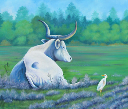 Bull and Egret in Peaceful Meadow
