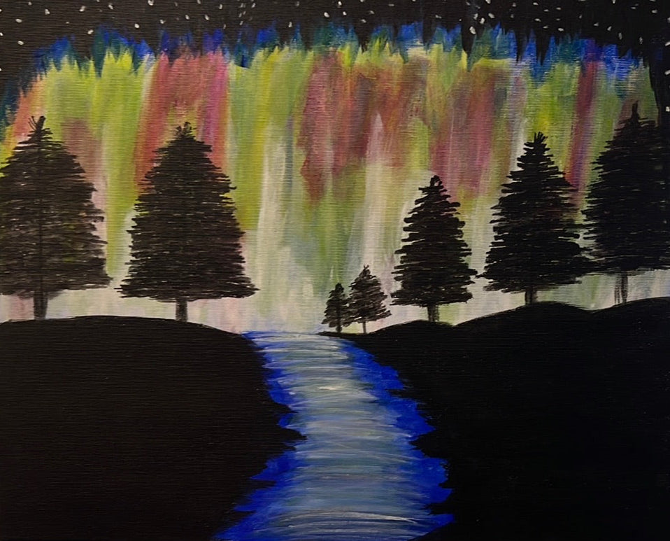 A painting of the Northern Lights over a lake with trees in the foreground.